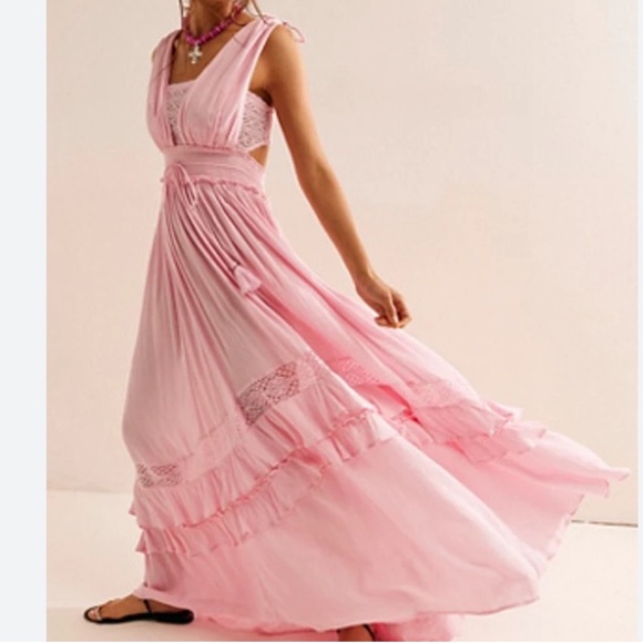 Free People Dresses & Skirts - Free People Santa Maria Pink Boho Ruffle Crochet Coquette  Maxi Dress Medium